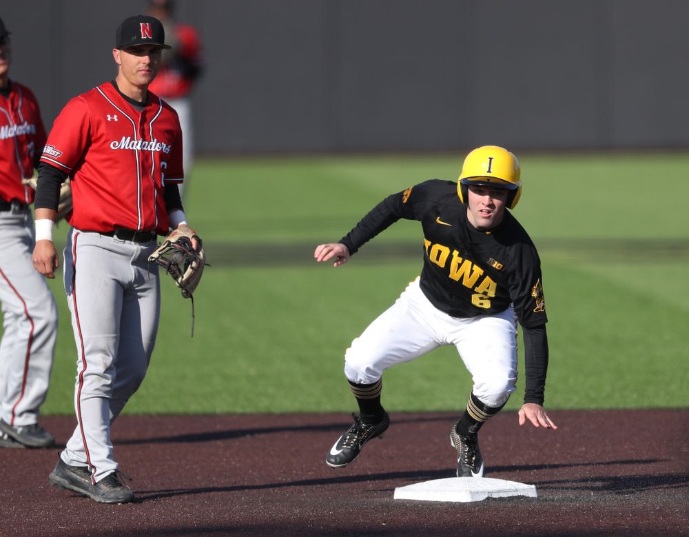 Iowa Hawkeyes outfielder Justin Jenkins (6) against California State Northridge Sunday, March 17, 2019 at Duane Banks Field. (Brian Ray/hawkeyesports.com)