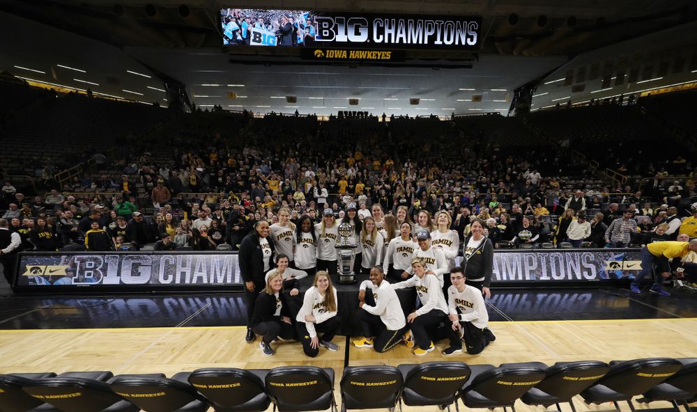 The Iowa Hawkeyes during a celebration of their Big Ten Women's Basketball Tournament championship Monday, March 18, 2019 at Carver-Hawkeye Arena. (Brian Ray/hawkeyesports.com)