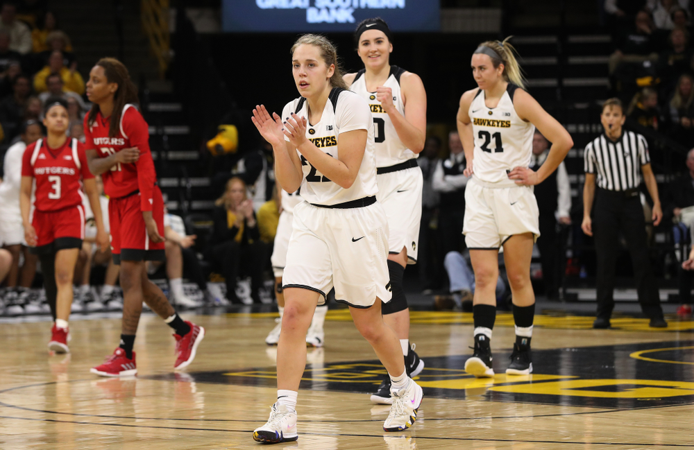 Iowa Hawkeyes guard Kathleen Doyle (22) against the Rutgers Scarlet Knights Wednesday, January 23, 2019 at Carver-Hawkeye Arena. (Brian Ray/hawkeyesports.com)