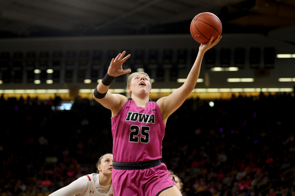 Iowa Hawkeyes forward/center Monika Czinano (25) against the Wisconsin Badgers Sunday, February 16, 2020 at Carver-Hawkeye Arena. (Brian Ray/hawkeyesports.com)