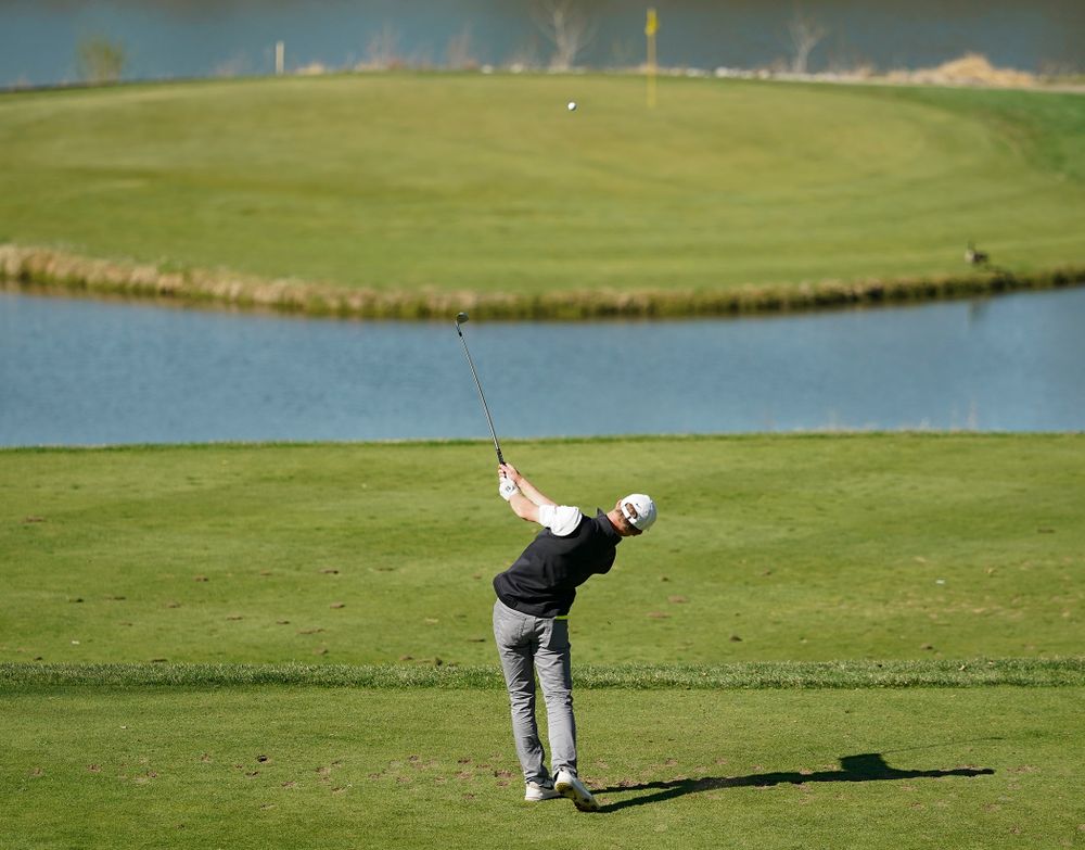 Iowa's Benton Weinberg tees off during the second round of the Hawkeye Invitational at Finkbine Golf Course in Iowa City on Saturday, Apr. 20, 2019. (Stephen Mally/hawkeyesports.com)