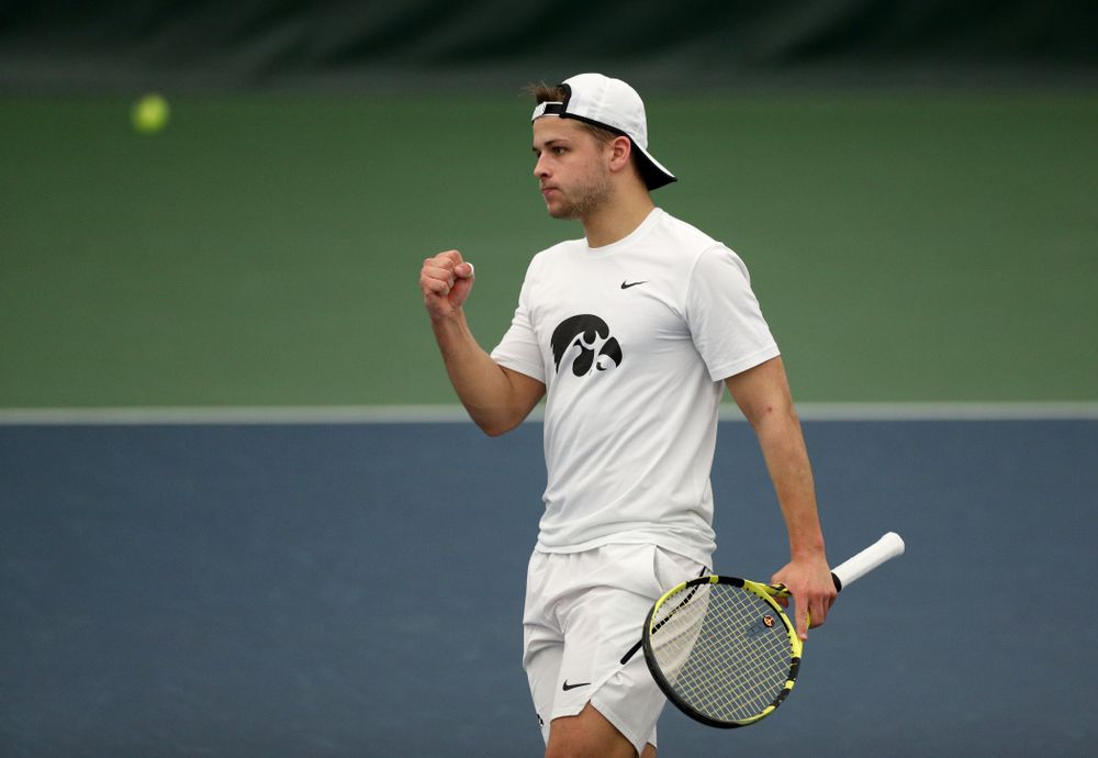 Iowa’s Will Davies against Cornell Sunday, March 8, 2020 at the Hawkeye Tennis and Recreation Center. (Brian Ray/hawkeyesports.com)