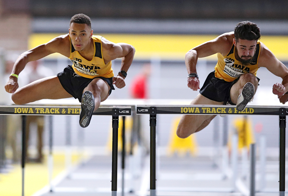 Iowa’s Jamal Britt runs in the men’s 60 meter hurdles prelim event during the Hawkeye Invitational at the Recreation Building in Iowa City on Saturday, January 11, 2020. (Stephen Mally/hawkeyesports.com)