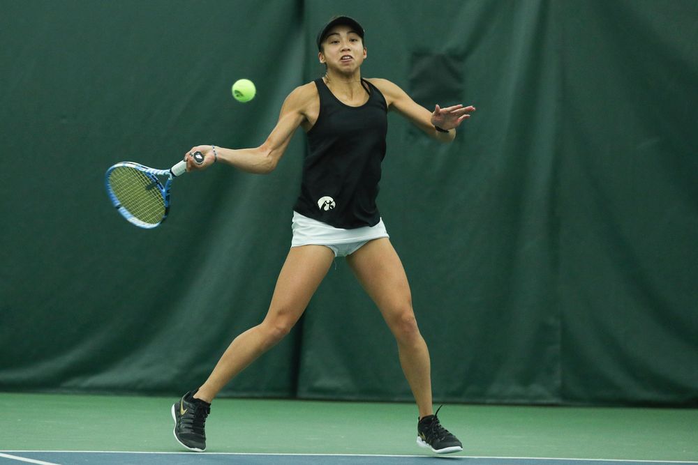 Iowa’s Michelle Bacalla returns a hit during the Iowa women’s tennis meet vs DePaul on Friday, February 21, 2020 at the Hawkeye Tennis and Recreation Complex. (Lily Smith/hawkeyesports.com)
