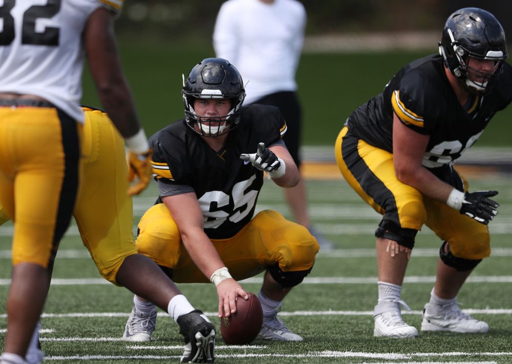 Iowa Hawkeyes offensive lineman Tyler Linderbaum (65) during Fall Camp Practice No. 5 Tuesday, August 6, 2019 at the Ronald D. and Margaret L. Kenyon Football Practice Facility. (Brian Ray/hawkeyesports.com)