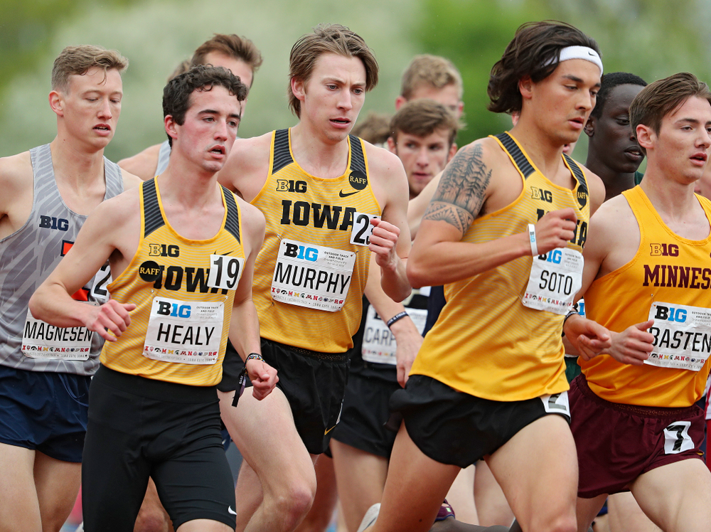 Iowa's Noah Healy (from left), Daniel Murphy, and Daniel Soto run the men’s 5000 meter event on the third day of the Big Ten Outdoor Track and Field Championships at Francis X. Cretzmeyer Track in Iowa City on Sunday, May. 12, 2019. (Stephen Mally/hawkeyesports.com)