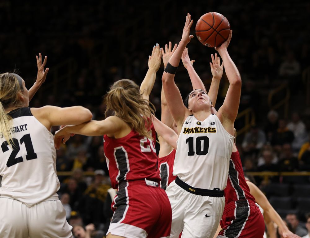 Iowa Hawkeyes forward Megan Gustafson (10) against the IUPUI Jaguars Saturday, December 8, 2018 at Carver-Hawkeye Arena. (Brian Ray/hawkeyesports.com)