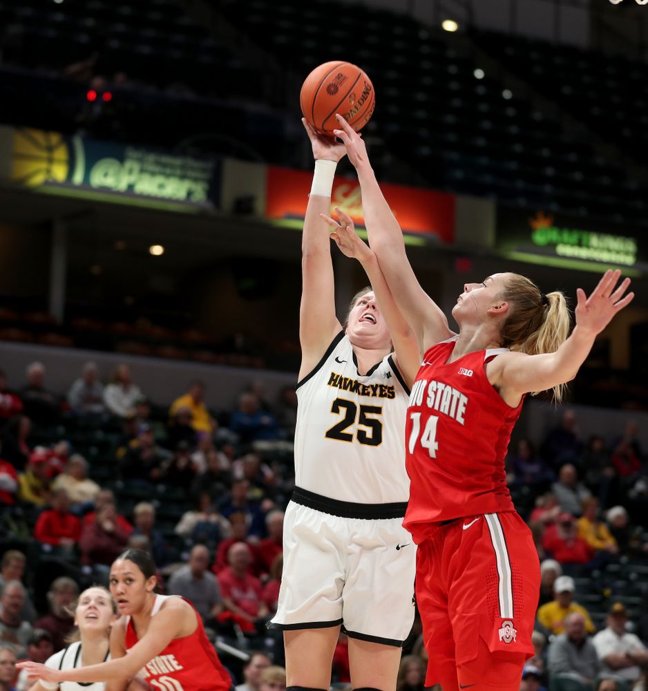 Iowa Hawkeyes forward/center Monika Czinano (25) against Ohio State in the quarterfinals of the Big Ten Basketball Tournament Friday, March 6, 2020 at Bankers Life Fieldhouse in Indianapolis. (Brian Ray/hawkeyesports.com)