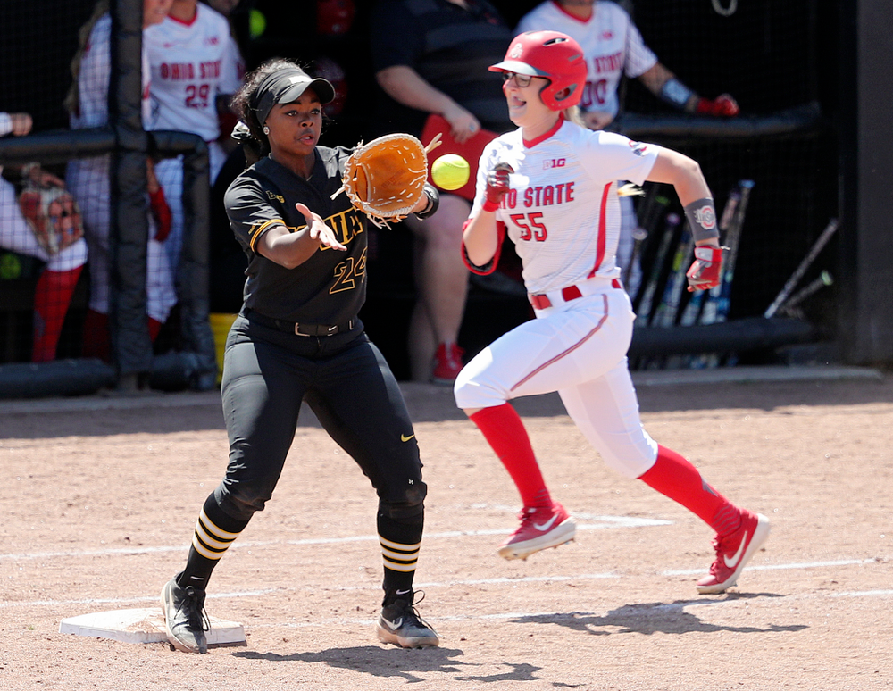 Iowa first baseman DoniRae Mayhew (24) pulls in a throw for an out during the fourth inning of their game against Ohio State at Pearl Field in Iowa City on Saturday, May. 4, 2019. (Stephen Mally/hawkeyesports.com)