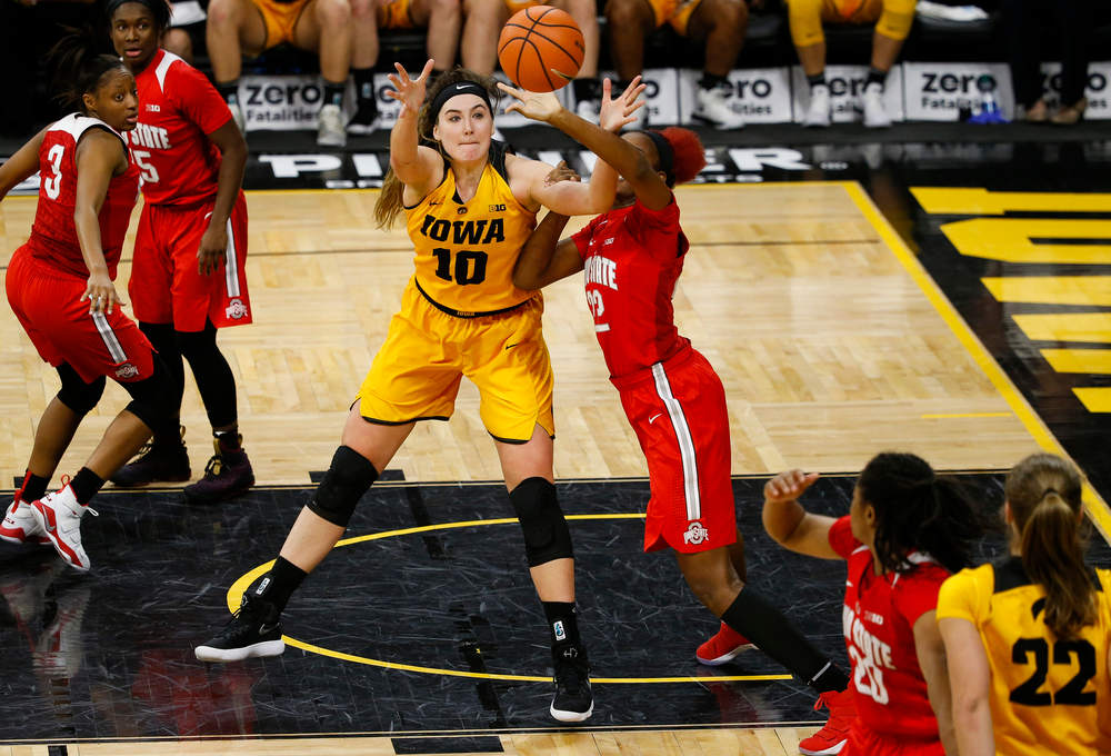 Iowa Hawkeyes forward Megan Gustafson (10) posts up during a game against the Ohio State Buckeyes at Carver-Hawkeye Arena on January 25, 2018. (Tork Mason/hawkeyesports.com)