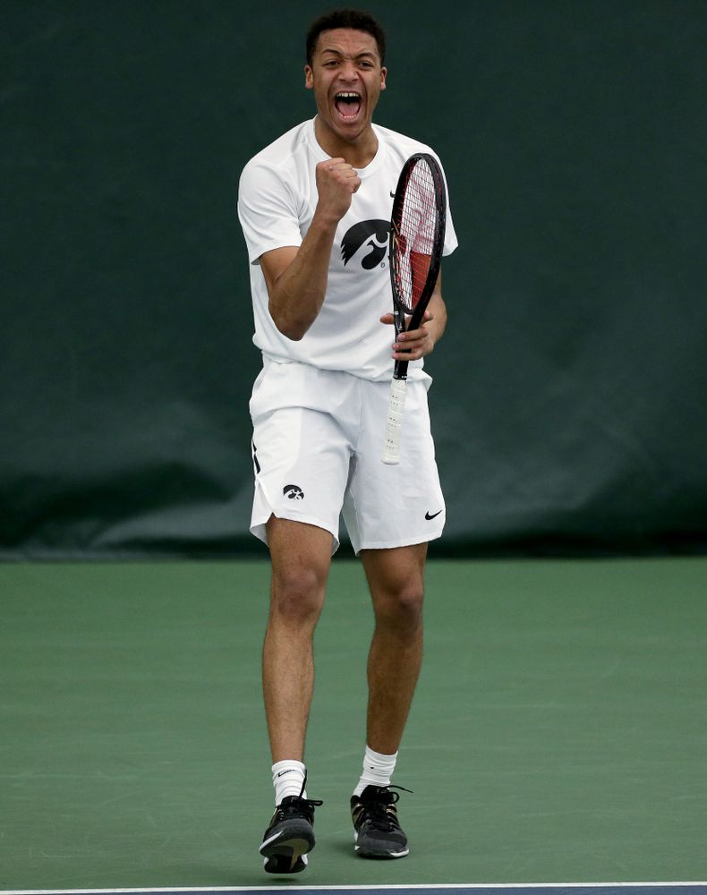 Iowa’s Oliver Okonkwo against Cornell Sunday, March 8, 2020 at the Hawkeye Tennis and Recreation Center. (Brian Ray/hawkeyesports.com)