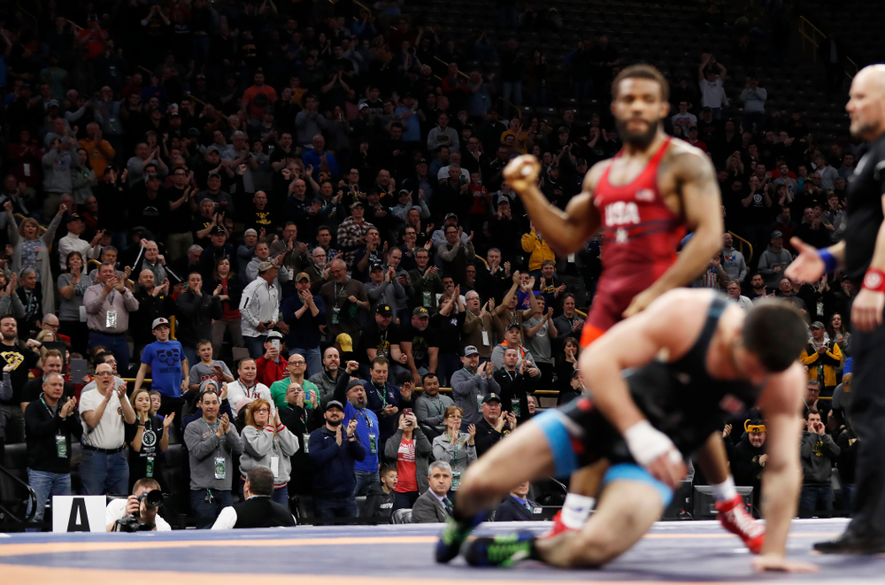 Jordan Burroughs during session three of the United World Wrestling Freestyle World Cup Sunday, April 8, 2018 at Caver-Hawkeye Arena. (Brian Ray/hawkeyesports.com)