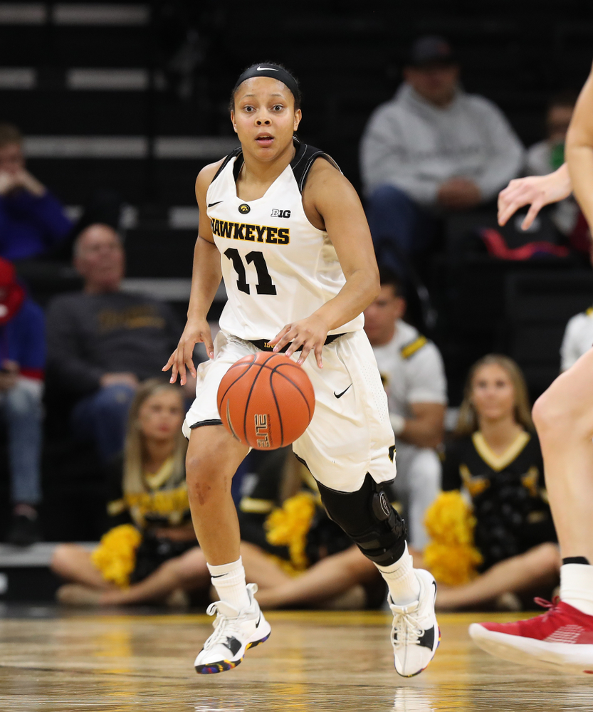 Iowa Hawkeyes guard Tania Davis (11) against the Wisconsin Badgers Monday, January 7, 2019 at Carver-Hawkeye Arena. (Brian Ray/hawkeyesports.com)
