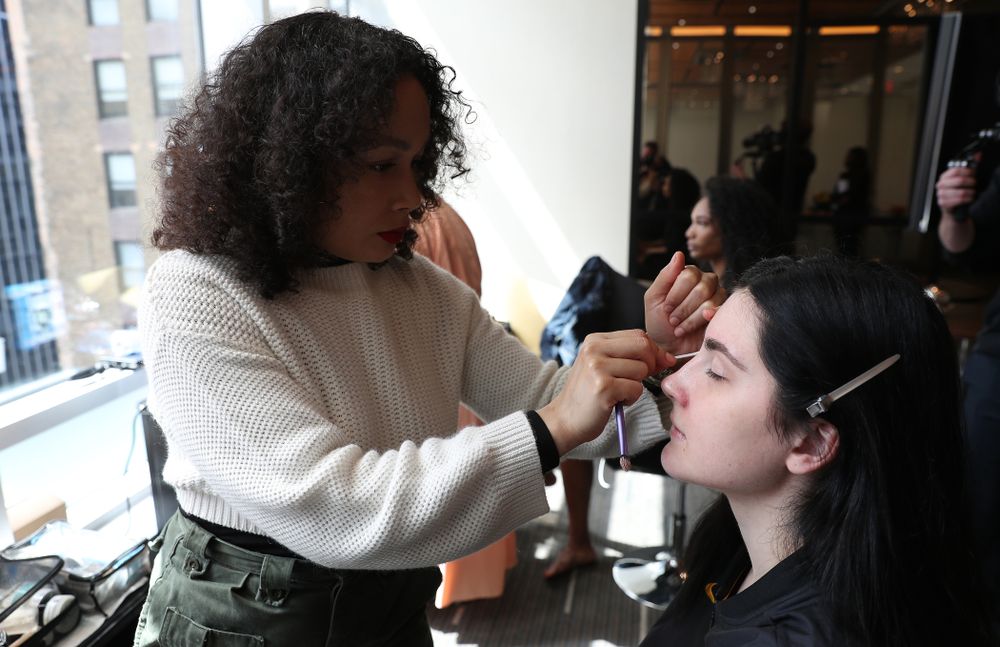 Iowa Hawkeyes forward Megan Gustafson (10) has her makeup professionally done before the 2019 WNBA Draft Wednesday, April 10, 2019 at Nike New York Headquarters in New York City. (Brian Ray/hawkeyesports.com)