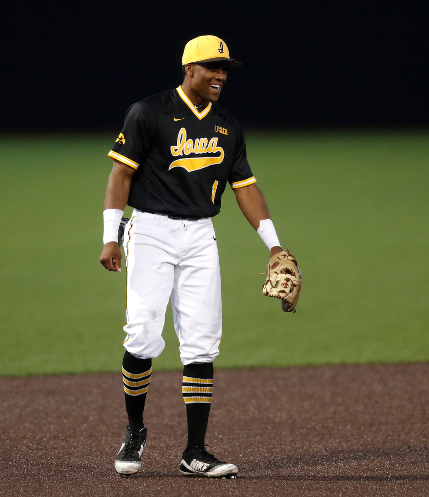 Iowa Hawkeyes third baseman Lorenzo Elion (1) against Milwaukee Wednesday, April 25, 2018 at Duane Banks Field. (Brian Ray/hawkeyesports.com)