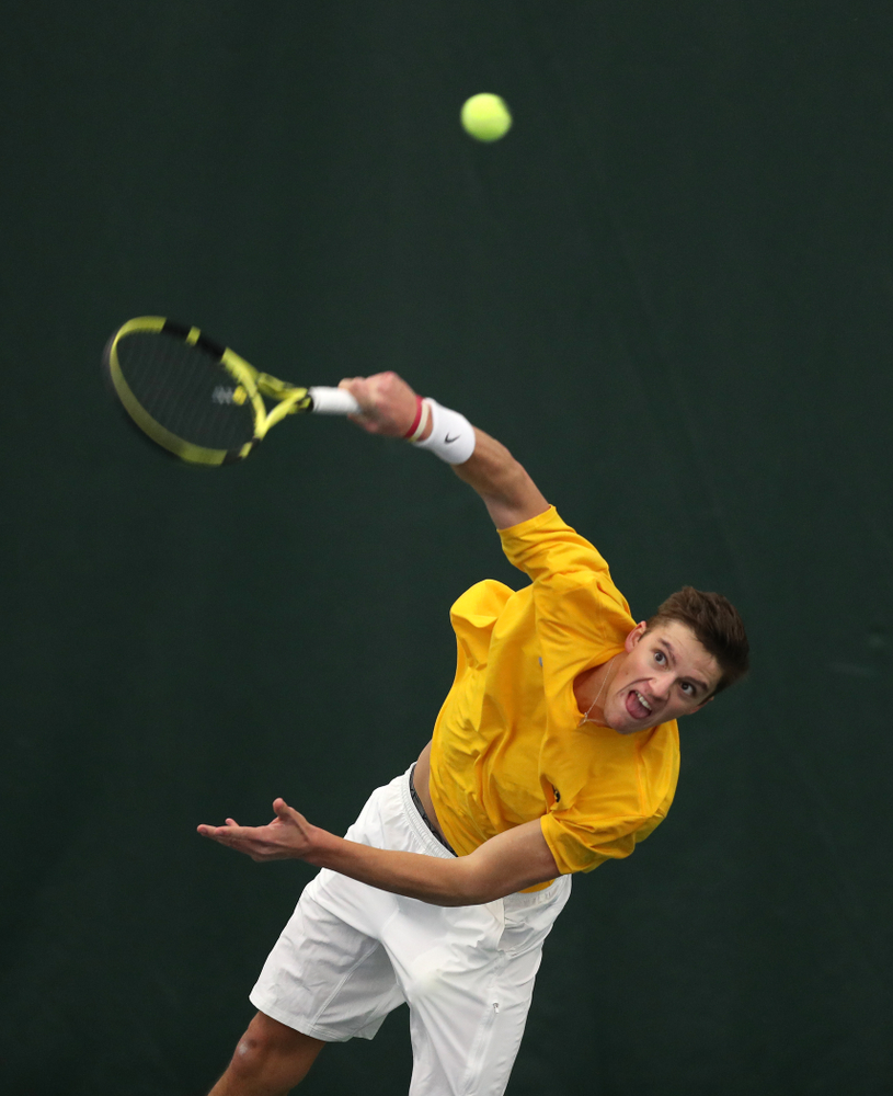 Joe Tyler against Utah Sunday, February 10, 2019 at the Hawkeye Tennis and Recreation Complex. (Brian Ray/hawkeyesports.com)