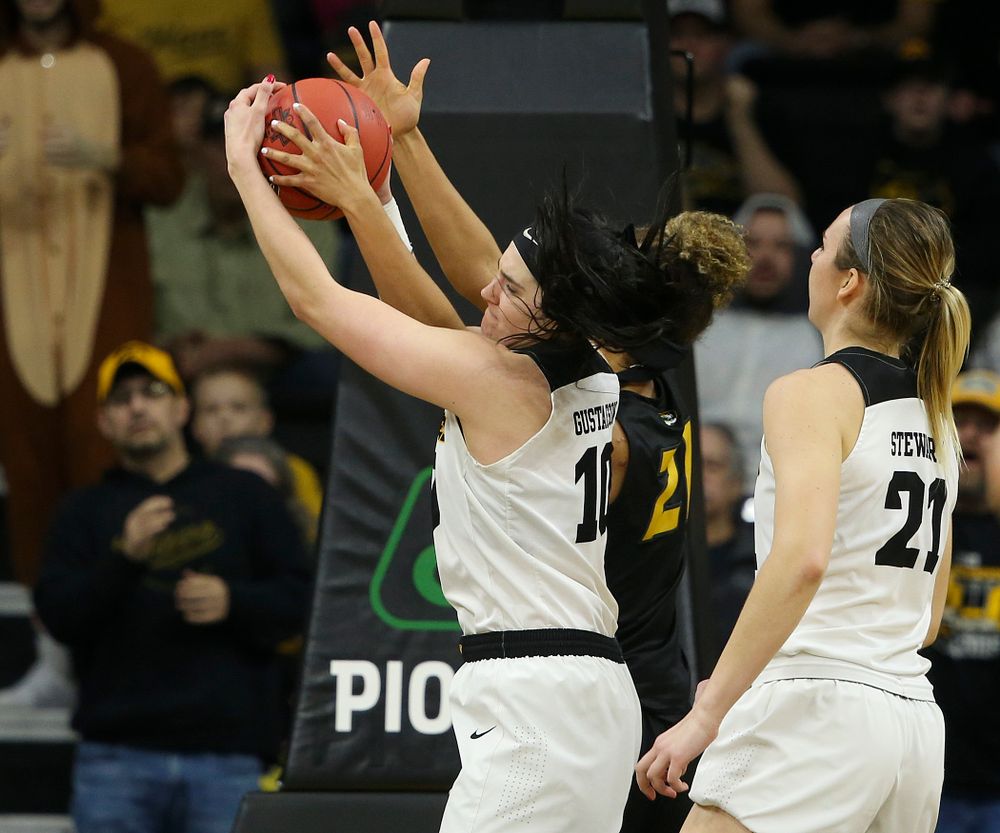 Iowa Hawkeyes center Megan Gustafson (10) pulls in a rebound during the fourth quarter of their second round game in the 2019 NCAA Women's Basketball Tournament at Carver Hawkeye Arena in Iowa City on Sunday, Mar. 24, 2019. (Stephen Mally for hawkeyesports.com)