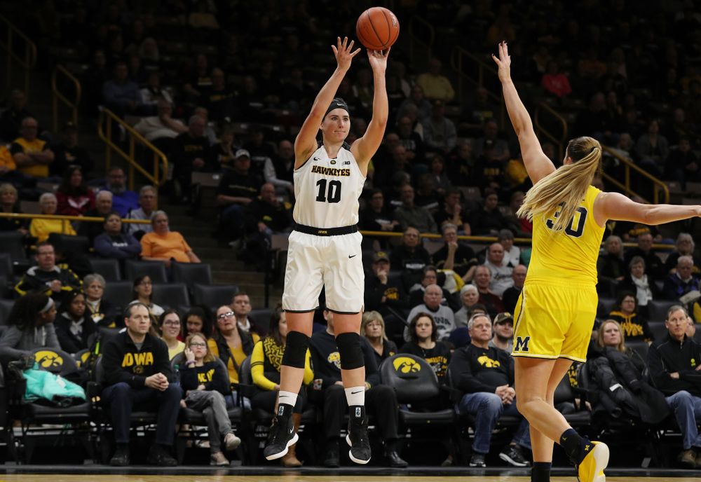 Iowa Hawkeyes forward Megan Gustafson (10) against the Michigan Wolverines Thursday, January 17, 2019 at Carver-Hawkeye Arena. (Brian Ray/hawkeyesports.com)