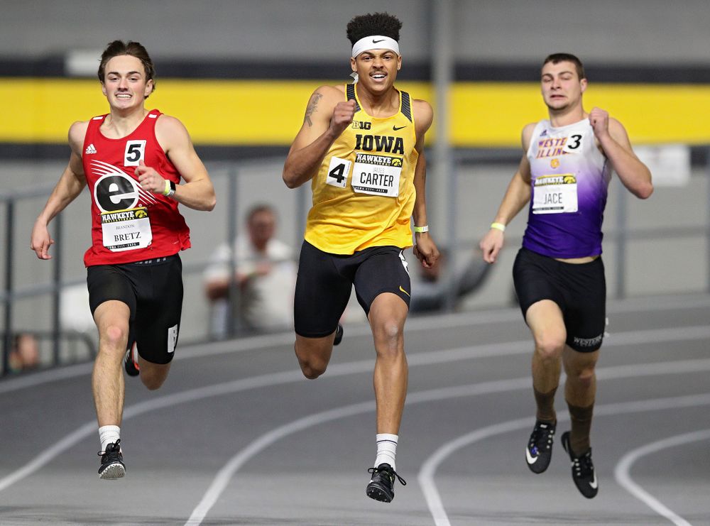 Iowa’s James Carter runs the men’s 200 meter dash event during the Hawkeye Invitational at the Recreation Building in Iowa City on Saturday, January 11, 2020. (Stephen Mally/hawkeyesports.com)