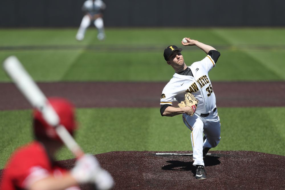 Iowa Hawkeyes Cam Baumann (35) against the Nebraska Cornhuskers Saturday, April 20, 2019 at Duane Banks Field. (Brian Ray/hawkeyesports.com)
