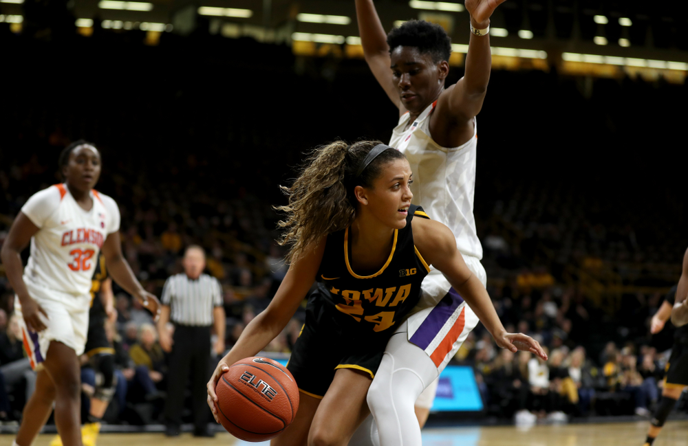 Iowa Hawkeyes guard Gabbie Marshall (24) against Clemson Wednesday, December 4, 2019 at Carver-Hawkeye Arena. (Brian Ray/hawkeyesports.com)