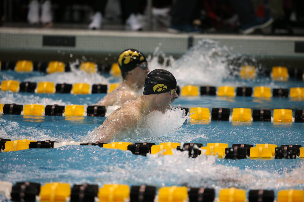 Iowa's Tanner Nelson at the 100-yard breaststroke race Friday, March 1, 2019 at the Campus Recreation and Wellness Center. (Lily Smith/hawkeyesports.com)