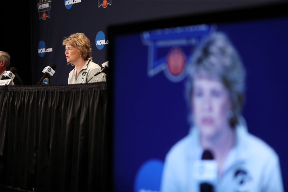 Iowa Hawkeyes head coach Lisa Bluder during media and practice as they prepare for their Sweet 16 matchup against NC State Friday, March 29, 2019 at the Greensboro Coliseum in Greensboro, NC.(Brian Ray/hawkeyesports.com)