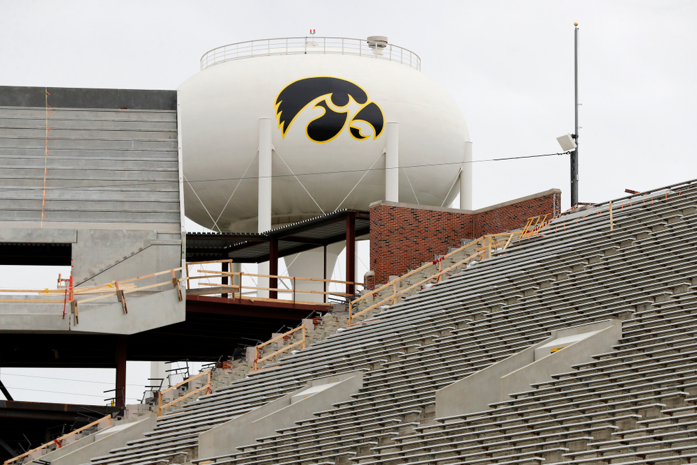 The view of the north end zone and water tower tiger hawk from the east hash mark of the south 10 yard-line Wednesday, June 6, 2018 at Kinnick Stadium. (Brian Ray/hawkeyesports.com)