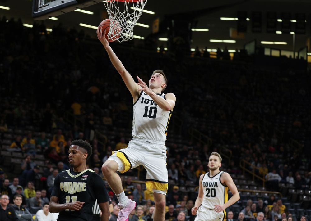 Iowa Hawkeyes guard Joe Wieskamp (10) against the Purdue Boilermakers Tuesday, March 3, 2020 at Carver-Hawkeye Arena. (Brian Ray/hawkeyesports.com)