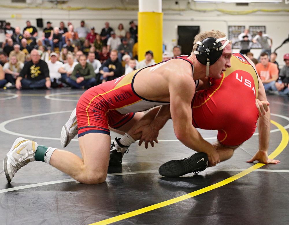 Iowa’s Kaleb Young (from left) drives into Zach Axmear during their preseason match at the Dan Gable Wrestling Complex at Carver-Hawkeye Arena in Iowa City on Friday, Nov 8, 2019. (Stephen Mally/hawkeyesports.com)