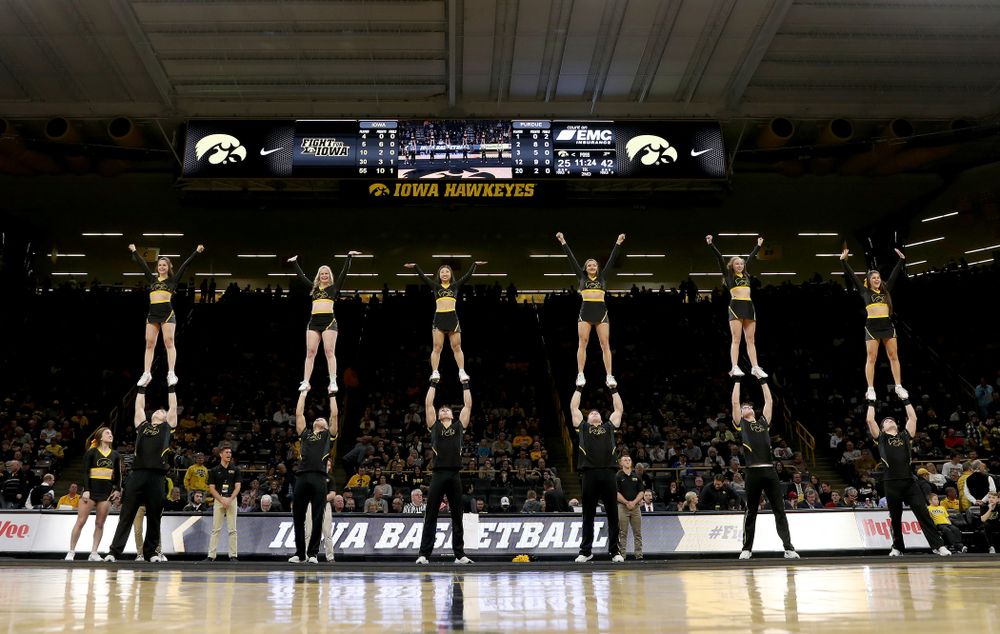 The Iowa Cheerleaders and Dance Team perform on senior night at half-time of the Iowa Hawkeyes game against the Purdue Boilermakers Tuesday, March 3, 2020 at Carver-Hawkeye Arena. (Brian Ray/hawkeyesports.com)