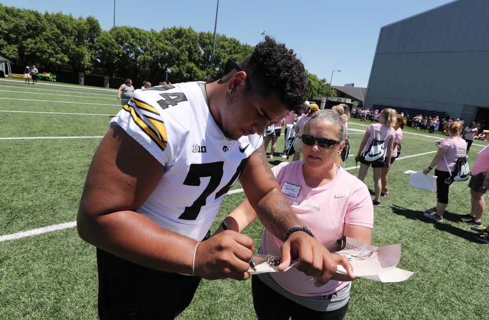 Iowa Hawkeyes offensive lineman Tristan Wirfs (74) during the 2019 Iowa Ladies Football Academy Saturday, June 8, 2019 at the Hansen Football Performance Center. (Brian Ray/hawkeyesports.com)
