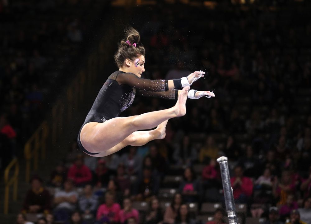 Iowa's Jax Krantz competes on the bars during their meet against the Minnesota Golden Gophers Saturday, January 19, 2019 at Carver-Hawkeye Arena. (Brian Ray/hawkeyesports.com)