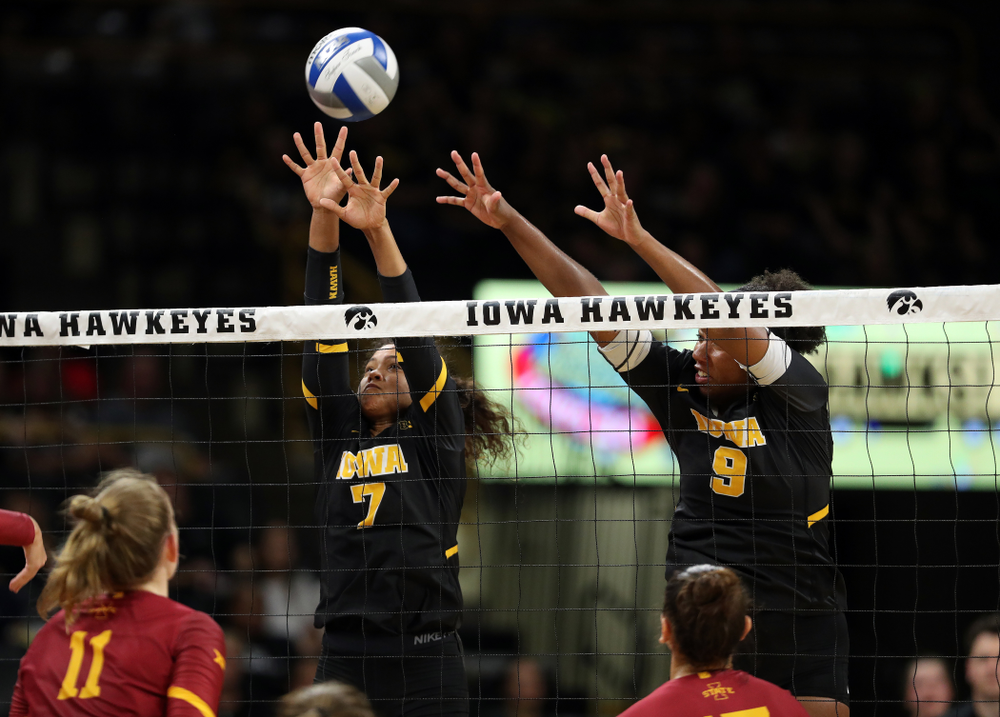 Iowa Hawkeyes setter Brie Orr (7) and middle blocker Amiya Jones (9) against the Iowa State Cyclones Saturday, September 21, 2019 at Carver-Hawkeye Arena. (Brian Ray/hawkeyesports.com)