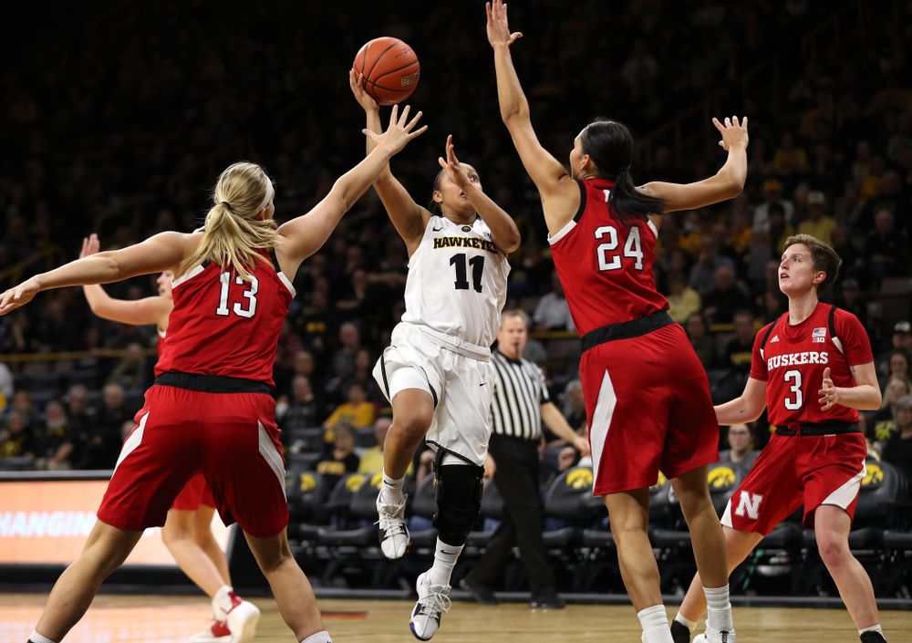 Iowa Hawkeyes guard Tania Davis (11) goes to the hoop against the Nebraska Cornhuskers Thursday, January 3, 2019 at Carver-Hawkeye Arena. (Brian Ray/hawkeyesports.com)