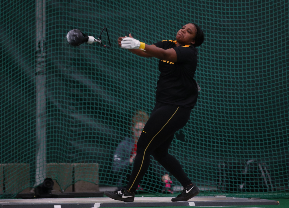 Iowa's Nia Britt competes in the weight throw Friday, January 11, 2019 at the Hawkeye Tennis and Recreation Center. (Brian Ray/hawkeyesports.com)