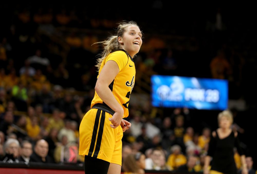 Iowa Hawkeyes guard Kathleen Doyle (22) celebrates a three point basket against the Maryland Terrapins Thursday, January 9, 2020 at Carver-Hawkeye Arena. (Brian Ray/hawkeyesports.com)