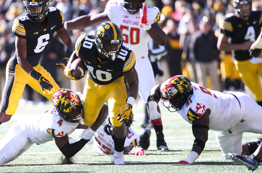 Iowa Hawkeyes running back Mekhi Sargent (10) runs the ball during a game against Maryland at Kinnick Stadium on October 20, 2018. (Tork Mason/hawkeyesports.com)