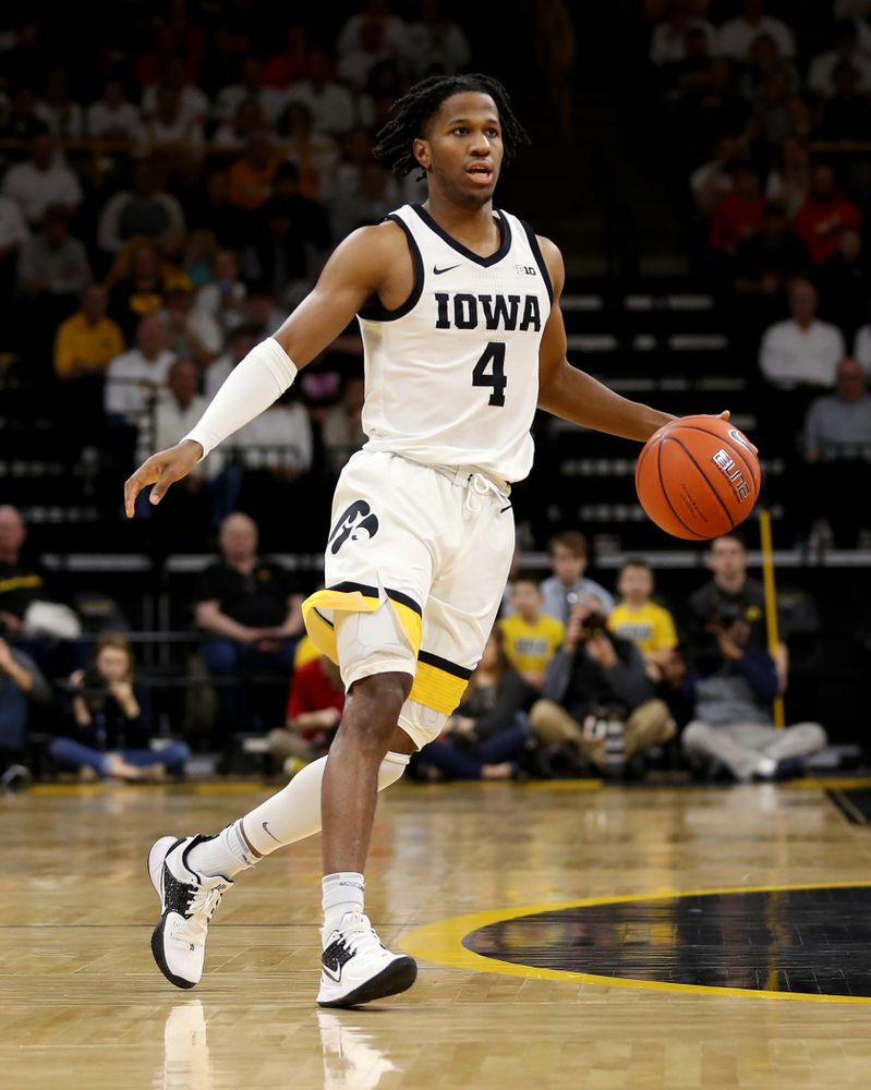 Iowa Hawkeyes guard Bakari Evelyn (4) against the Illinois Fighting Illini Sunday, February 2, 2020 at Carver-Hawkeye Arena. (Brian Ray/hawkeyesports.com)