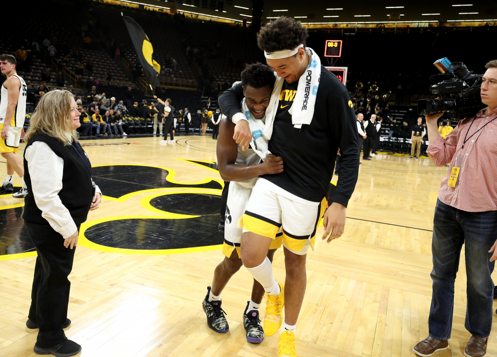 Iowa Hawkeyes guard Joe Toussaint (1) and forward Cordell Pemsl (35) against North Florida Thursday, November 21, 2019 at Carver-Hawkeye Arena. (Brian Ray/hawkeyesports.com)
