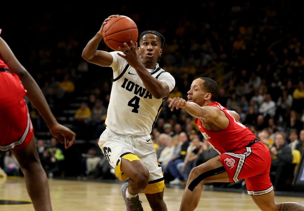 Iowa Hawkeyes guard Bakari Evelyn (4) against the Ohio State Buckeyes Thursday, February 20, 2020 at Carver-Hawkeye Arena. (Brian Ray/hawkeyesports.com)