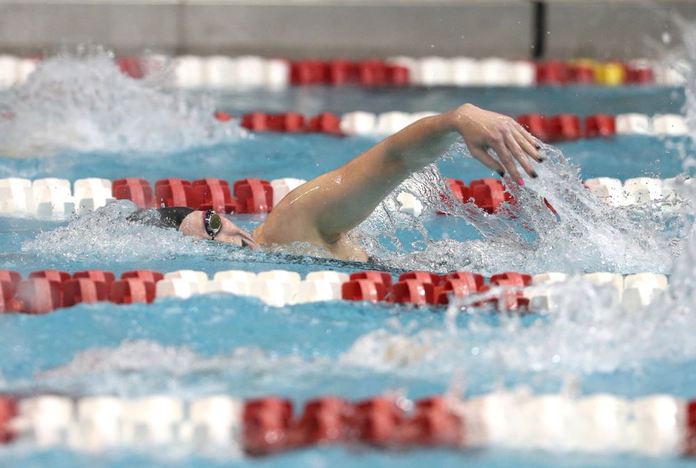 Iowa's Abbegayle Schneider swims the 500-yard freestyle during the 2019 Women's Big Ten Swimming and Diving meet Thursday, February 21, 2019 in Bloomington, Indiana. (Brian Ray/hawkeyesports.com)