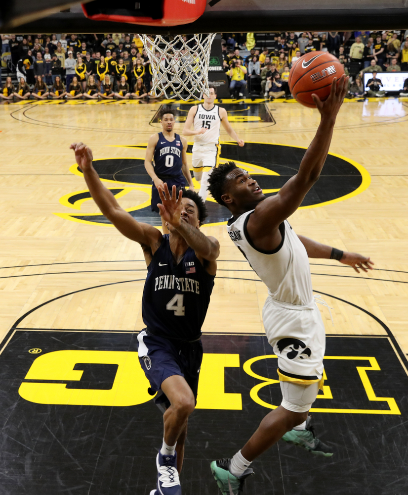 Iowa Hawkeyes guard Joe Toussaint (1) goes to the hoop against Penn State Saturday, February 29, 2020 at Carver-Hawkeye Arena. (Brian Ray/hawkeyesports.com)