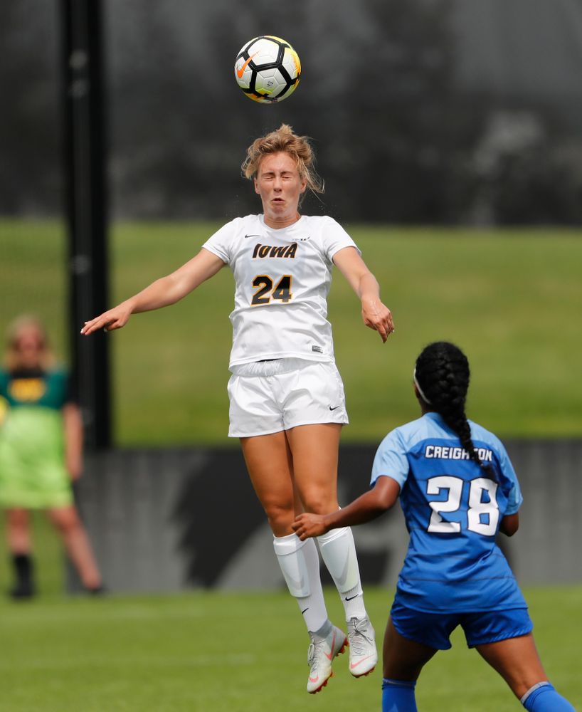 Iowa Hawkeyes Sara Wheaton (24) against the Creighton Bluejays Sunday, August 19, 2018 at the Iowa Soccer Complex. (Brian Ray/hawkeyesports.com)