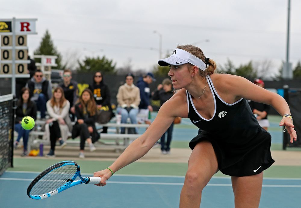 Iowa's Ashleigh Jacobs returns a shot during their doubles match against Rutgers at the Hawkeye Tennis and Recreation Complex in Iowa City on Friday, Apr. 5, 2019. (Stephen Mally/hawkeyesports.com)
