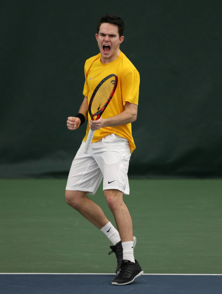 Jonas Larsen against Utah Sunday, February 10, 2019 at the Hawkeye Tennis and Recreation Complex. (Brian Ray/hawkeyesports.com)