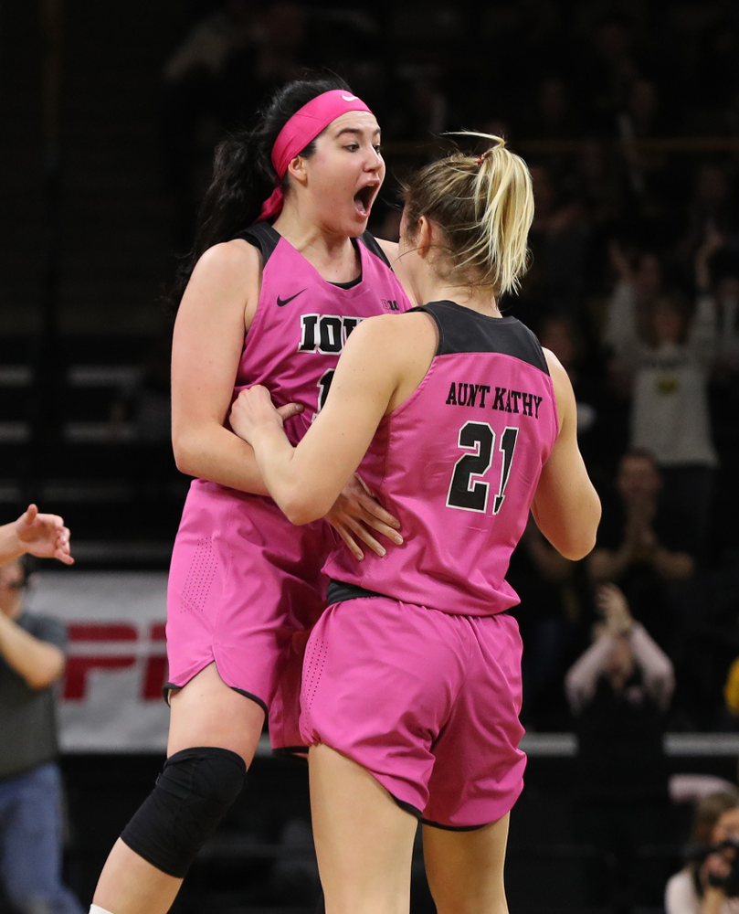 Iowa Hawkeyes forward Megan Gustafson (10) and Iowa Hawkeyes forward Hannah Stewart (21) against the seventh ranked Maryland Terrapins Sunday, February 17, 2019 at Carver-Hawkeye Arena. (Brian Ray/hawkeyesports.com)