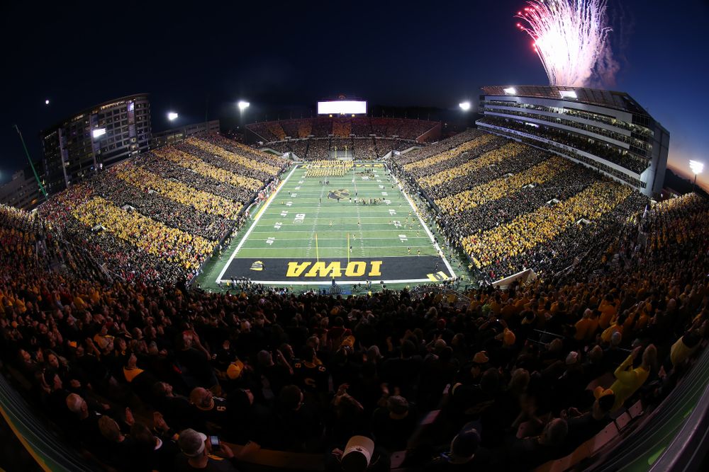Fireworks explode over the press box before the Iowa Hawkeyes game against the Wisconsin Badgers Saturday, September 22, 2018 at Kinnick Stadium. (Brian Ray/hawkeyesports.com)