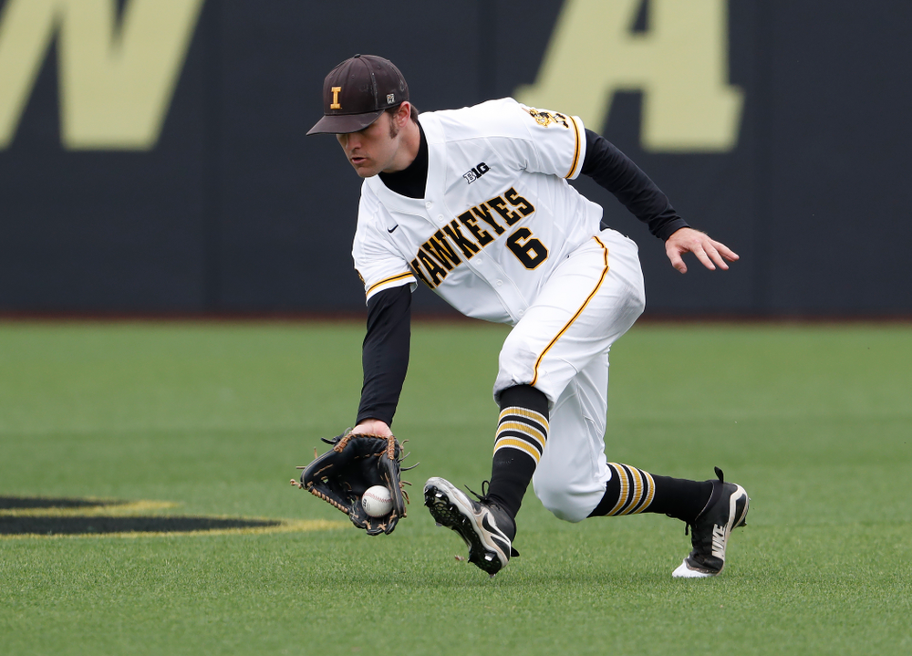 Iowa Hawkeyes outfielder Justin Jenkins (6) during a double header against the Indiana Hoosiers Friday, March 23, 2018 at Duane Banks Field. (Brian Ray/hawkeyesports.com)
