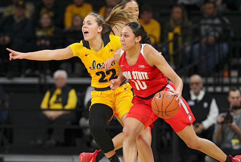 Iowa Hawkeyes guard Kathleen Doyle (22) defends during the first quarter of their game at Carver-Hawkeye Arena in Iowa City on Thursday, January 23, 2020. (Stephen Mally/hawkeyesports.com)